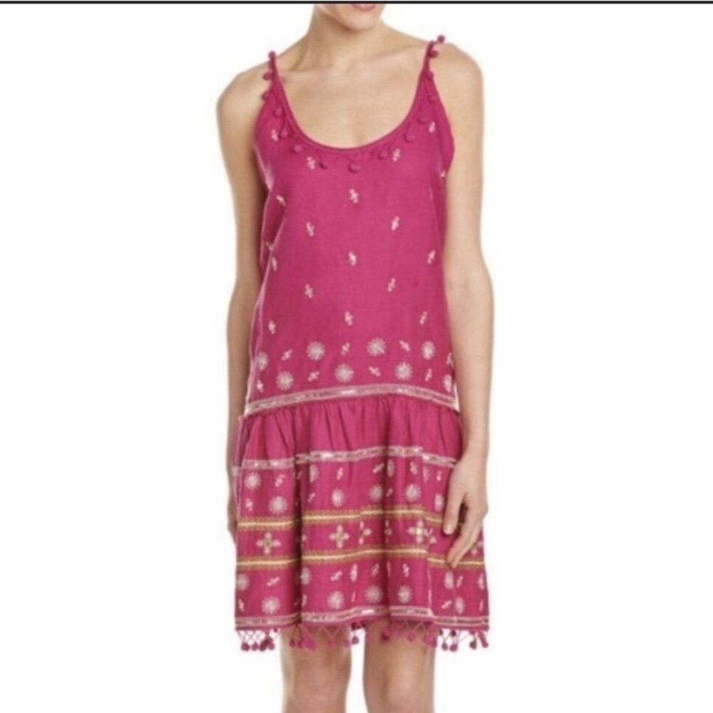 Calypso St Barth Magenta Linen Embroidered Sequin Pom Pom Drop Waist‎ Dress M